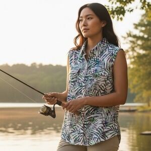 Reel Legends Sleeveless Palm Leaf Print Button Up Shirt Women M Saltwater Fishin